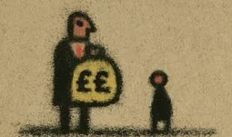a banker with a big bag of money and a small person with no arms