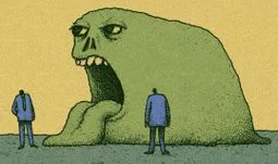 a big green blob with some small blue men 