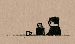 a little man looking at a screen 