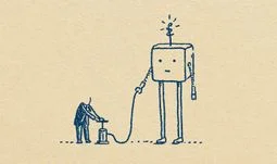 line drawing of man in suit pumping up a robot