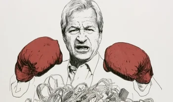Jamie Dimon looking angry in boxing gloves