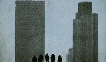 Two office buildings and five small black silhouettes of people