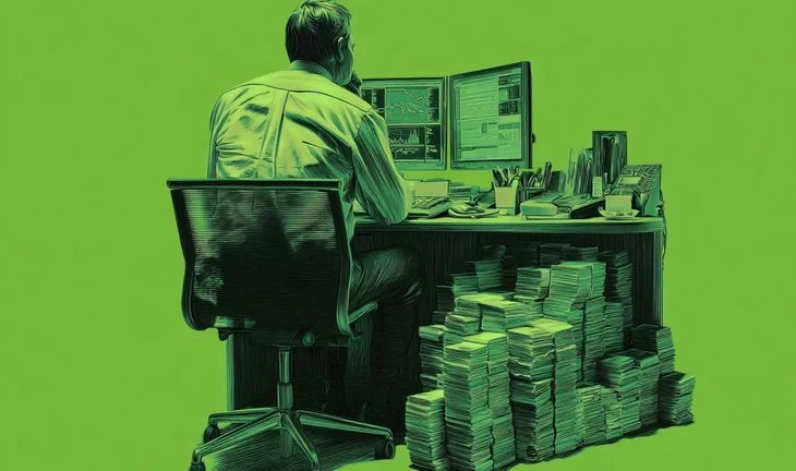 a trader sitting amidst piles of money 