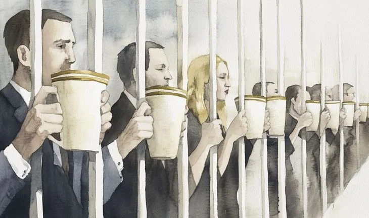 some junior bankers holding cups of coffee behind bars