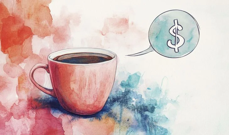 a coffee cup with a dollar in a speech bubble coming out of it 