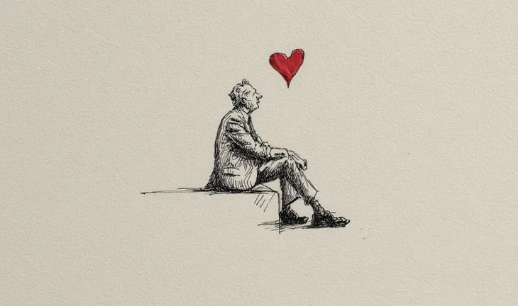 a seated man looking at a love heart 