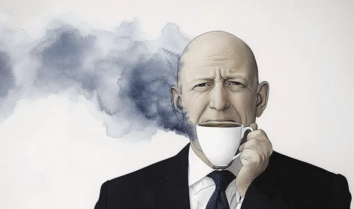 A line drawing of a man resembling David Solomon drinking coffee 