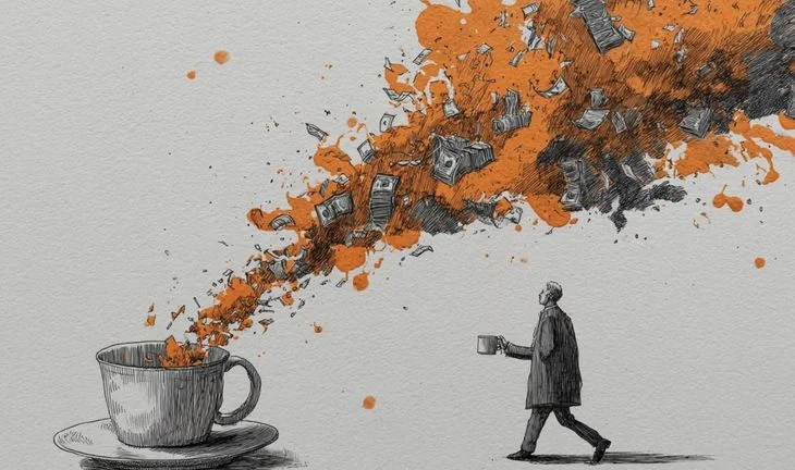 a banker and a cup of coffee emitting a cloud of money