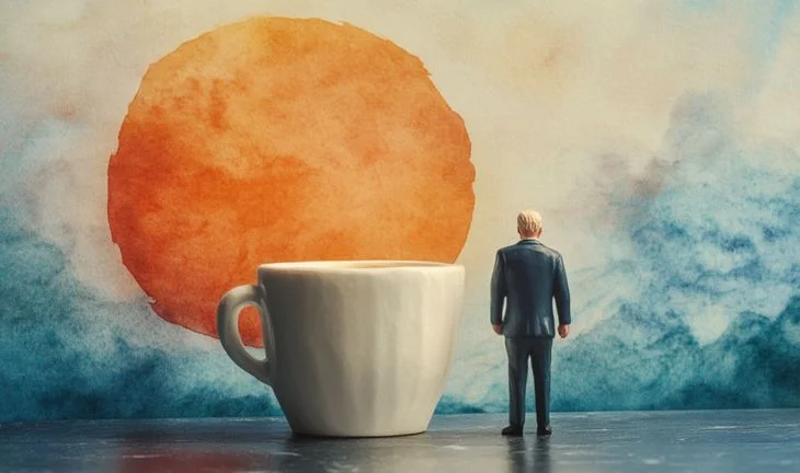 A small plastic man standing next to a large white mug with a watercolour orange sun there too