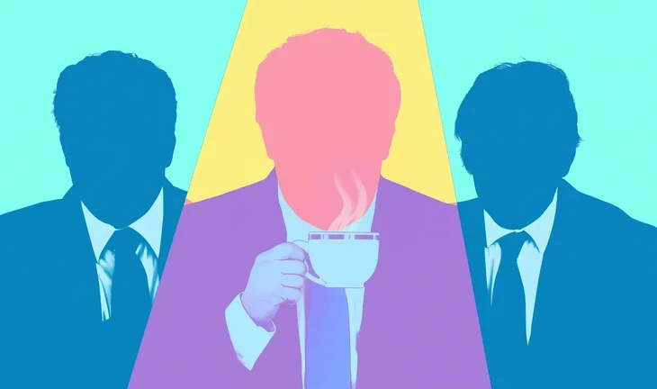 A banker getting promoted while holding his morning coffee