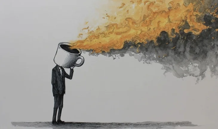 A man with a coffee cup as a head and smoke coming out