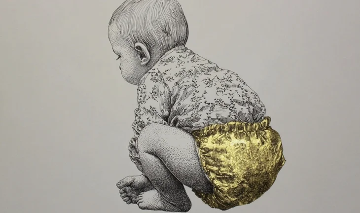 A toddler in a golden nappy 