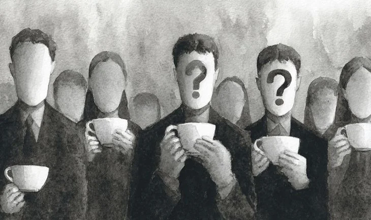 black and white faceless men holding coffee