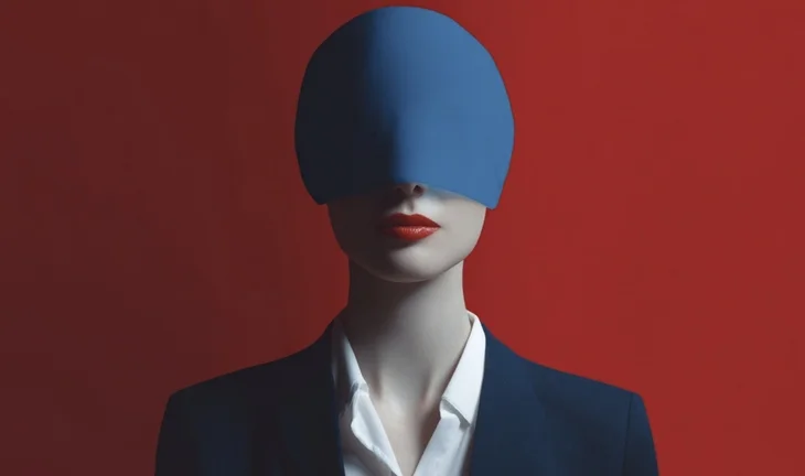 a woman with something blue over her head and a red background