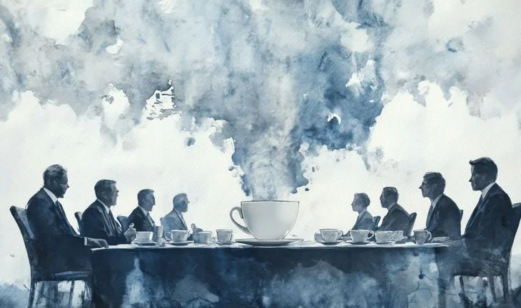 a steaming coffee cup and bankers sitting around a table, surreal