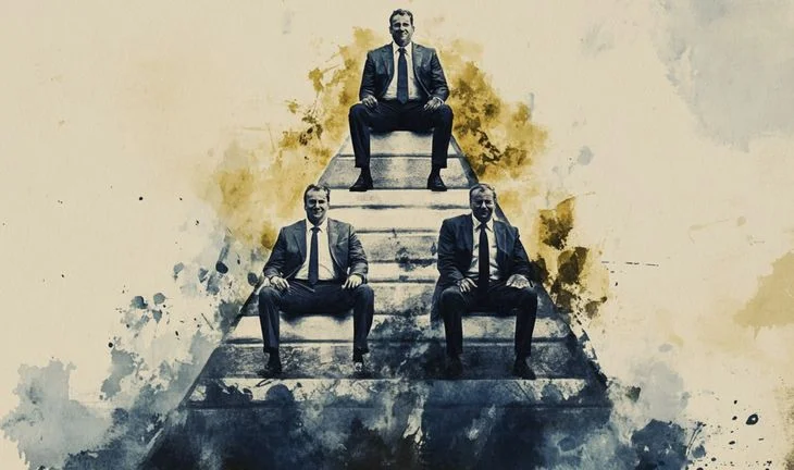 some bankers sitting on a pyramid
