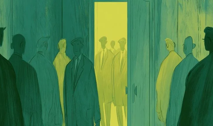 bankers going through a door 