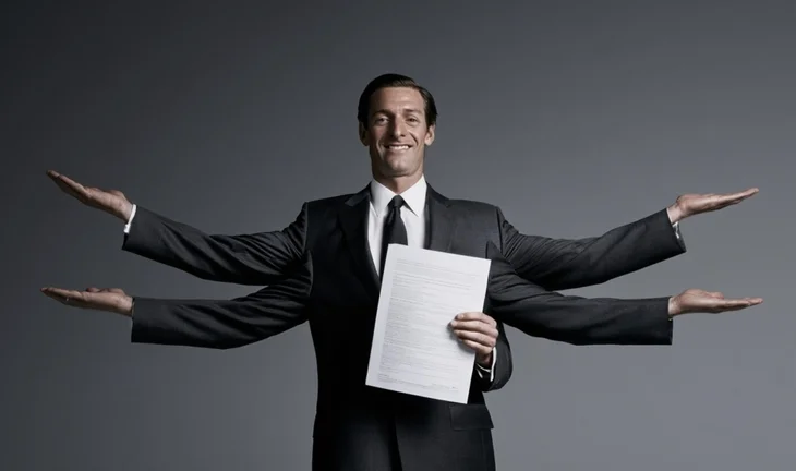 A banker with four arms holding a CV 