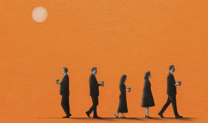 some bankers holding cups against an orange background 