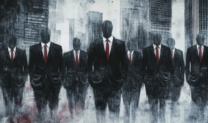 some faceless men in suits with towers in background