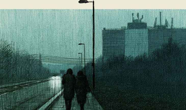two people walking in the rain along a dismal road