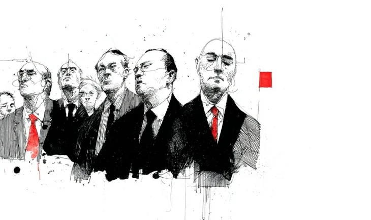 a line drawing of some Asian bankers