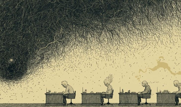 some people at desks beneath a storm 