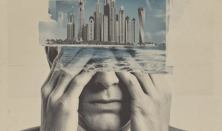 a man putting his hands to his eyes with an image of the Gulf imposed over them