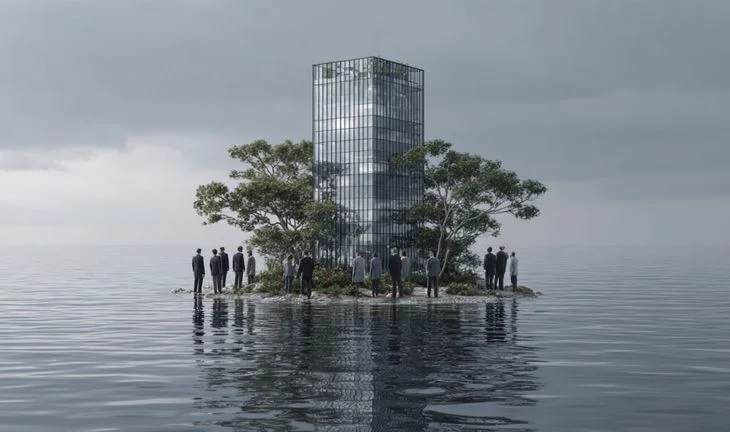 an island with a tower and some small bankers, representing safe jobs and those that are underwater 